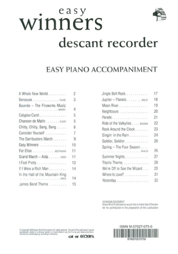 EASY WINNERS Piano Accompaniment for Descant Recorder