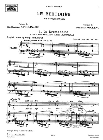 LE BESTIAIRE or 'Cortege d'Orphee' Vocal Score